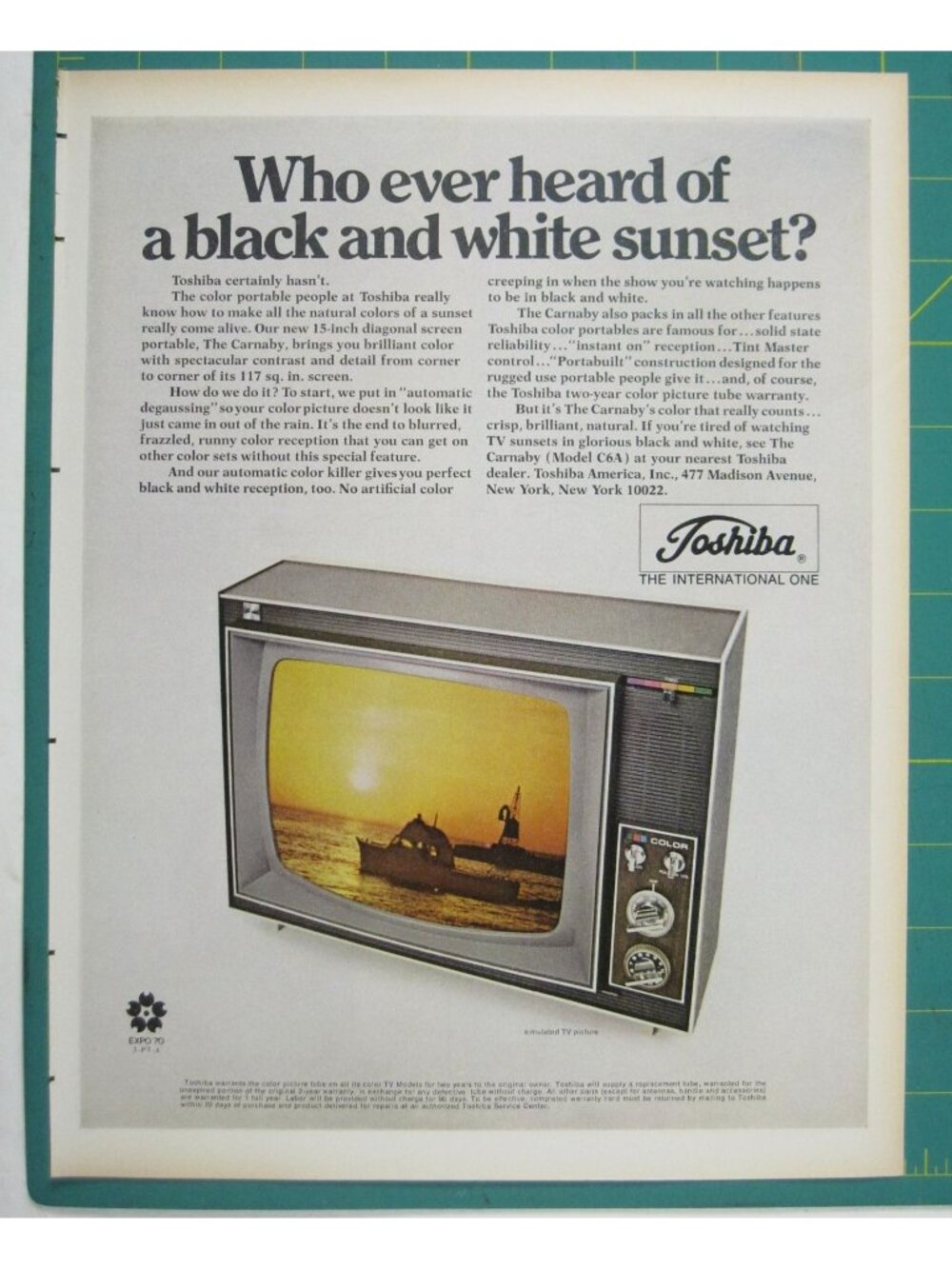 Print Ad Toshiba Color Television The Carnaby Portable 15 Inch Screen USA 1960s